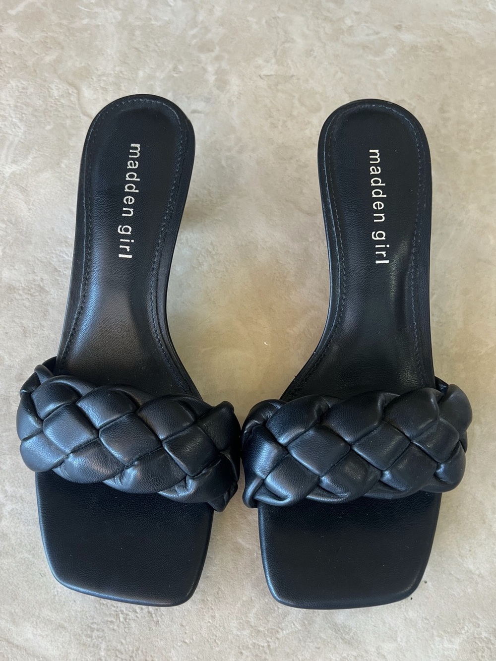 Madden Girl Black Braided Mule Heels Square Toe Kitten Heel Sandals Size 8 - Picture 3 of 5
